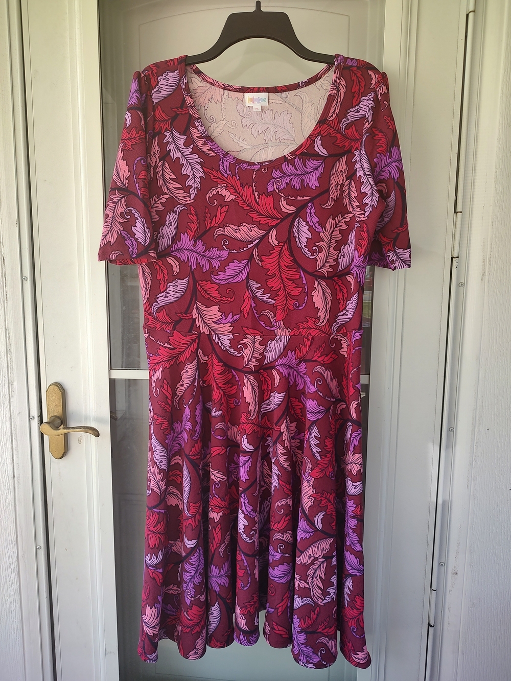 LuLaRoe Red, Pink & Purple Feather-Print Midi Dress
